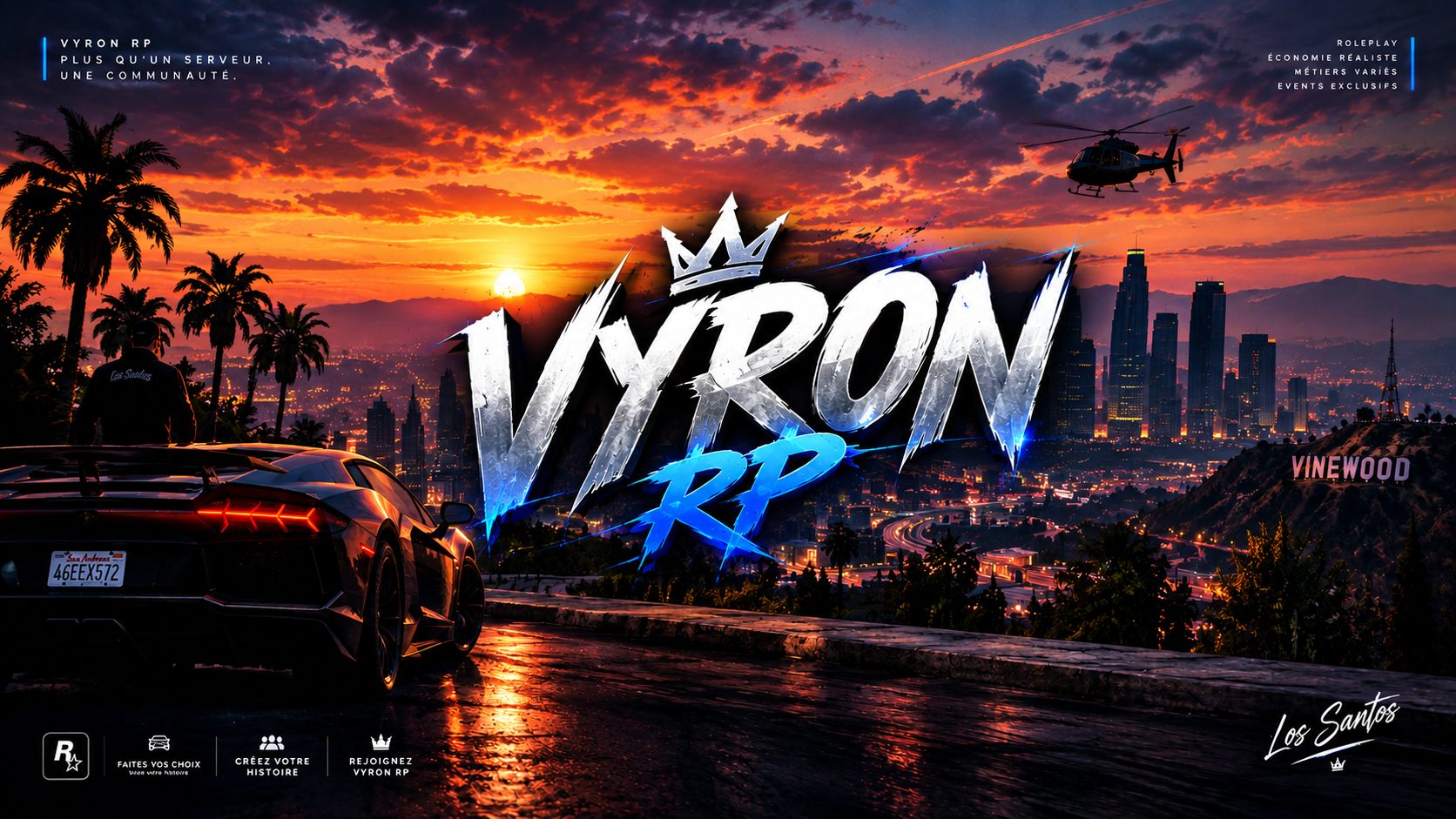Visuel officiel de VYRON RP : une supercar garée face à Los Santos au coucher du soleil, un hélicoptère au-dessus de Vinewood.
